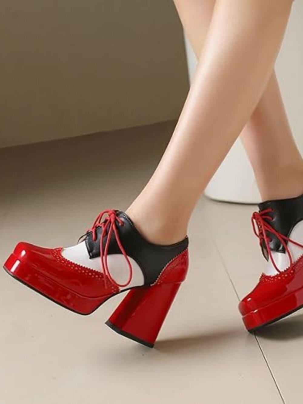 SHEMEE Red Black White Oxford Heels Square Toe Chunky High Heels Platform Size 6